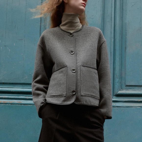 NWT Zara REVERSIBLE FAUX LEATHER PIPING WOOL JACKET size M - Picture 11 of 16